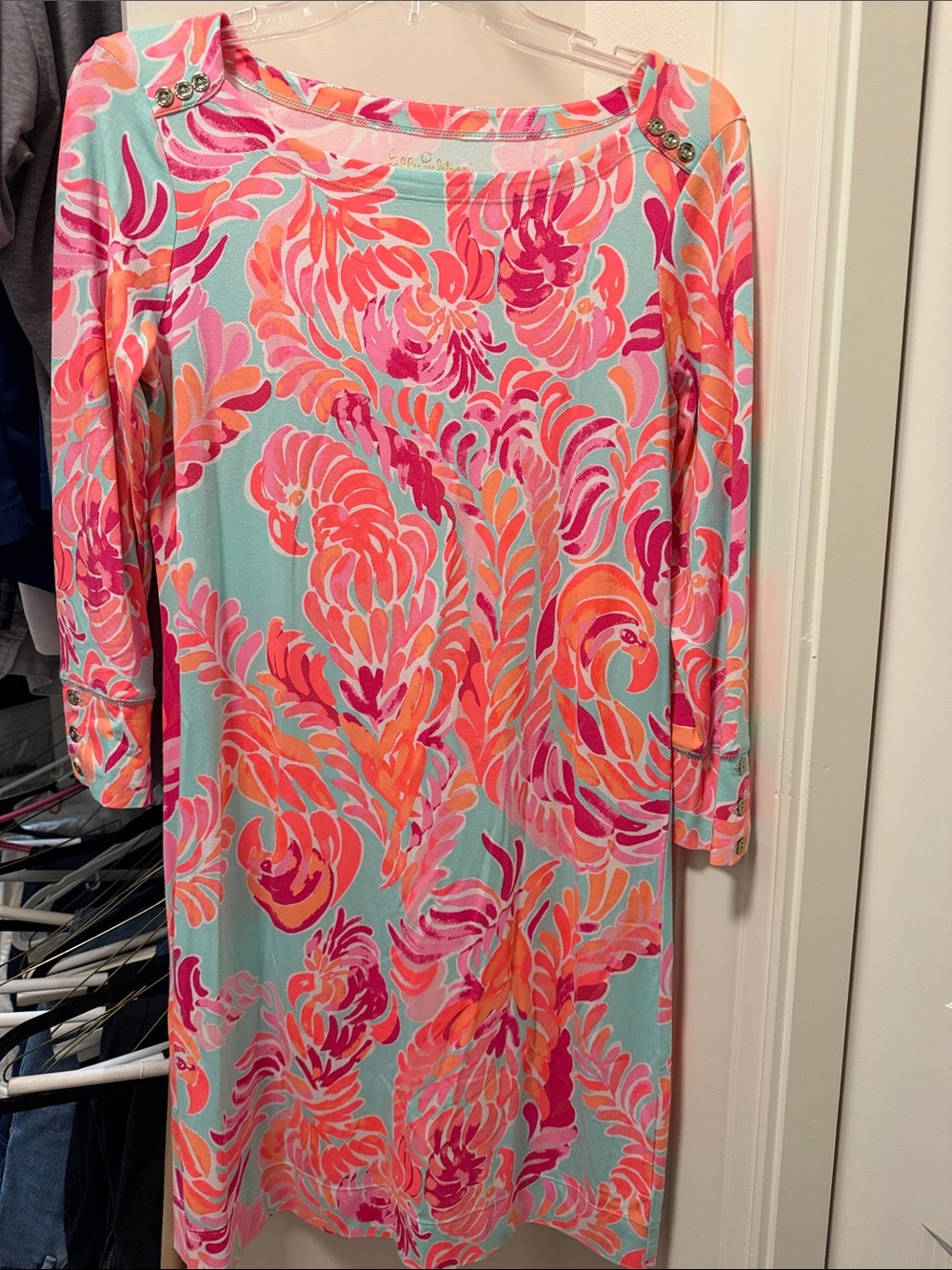 Lilly Pulitzer Women's Aqua Floral Print Boatneck Dress with Pink Accents